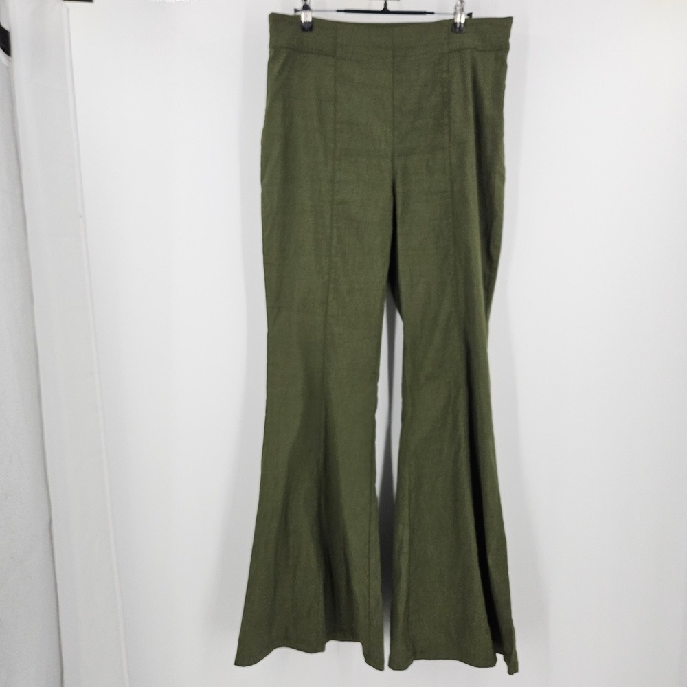 Maeve Anthropologie Flare Pants Green Linen Blend High Rise Pull On Size 14